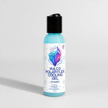A blue bottle of 111 & Company Polar Flex Cooling Gel, featuring an icy snowflake and ice cube design, is labeled as a cooling massage gel with natural ingredients and a net weight of 200ml. Its ideal for workout skincare with a black flip-top cap on a light background.