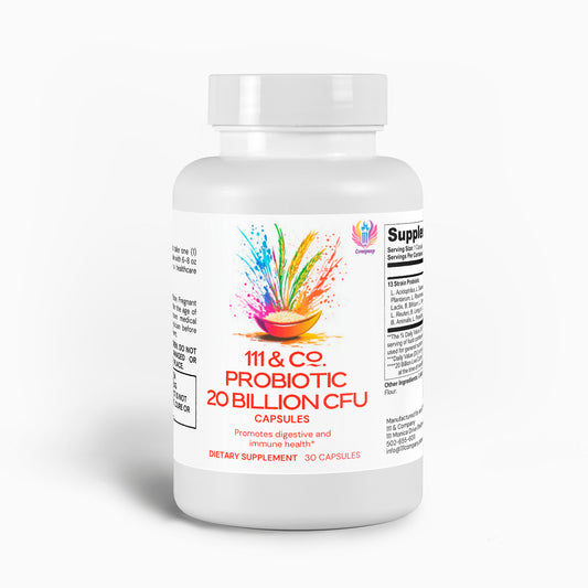 The product 111 & COMPANY PROBIOTIC 20 BILLION CFU by 111 & Company has a white bottle with colorful splashes labeled as promoting digestive health and immune support. It contains 30 capsules with supplement facts and directions on the sides, topped with a sealed white cap.