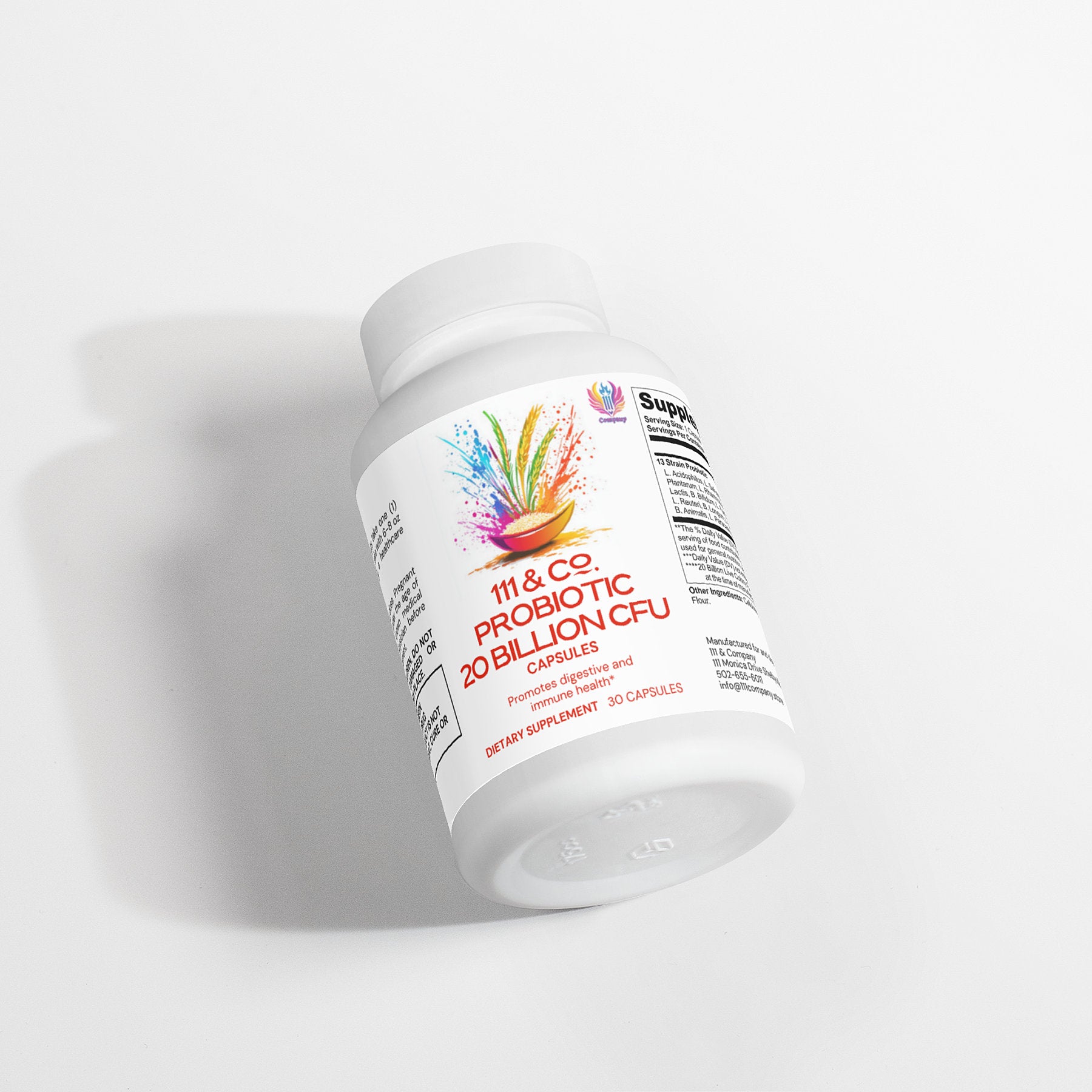 Discover 111 & COMPANY PROBIOTIC 20 BILLION CFU capsules. Featuring a vibrant splash graphic, these dietary supplement capsules support digestive health and immunity. The sleek bottle, holding 30 capsules, is showcased on a light gray background.