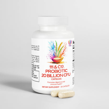 A white bottle of 111 & COMPANY PROBIOTIC 20 BILLION CFU by 111 & Company features a colorful design, promotes digestive health and immune support, and contains 30 capsules. Two beige capsules are displayed in front of the bottle against a plain background.