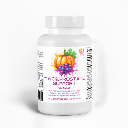 A white bottle of 111 & COMPANY PROSTATE SUPPORT by 111 & Company features a colorful label with pumpkin and grape art. This mens wellness product, designed to enhance prostate function and symptom relief, contains 60 capsules made from natural ingredients on a plain white background.