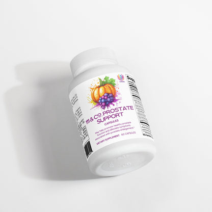 A white bottle labeled 111 & COMPANY PROSTATE SUPPORT features pumpkin and grape graphics, highlighting its natural ingredients. With 60 dietary supplement capsules from 111 & Company, it’s tilted on a white surface to show text promoting mens wellness.