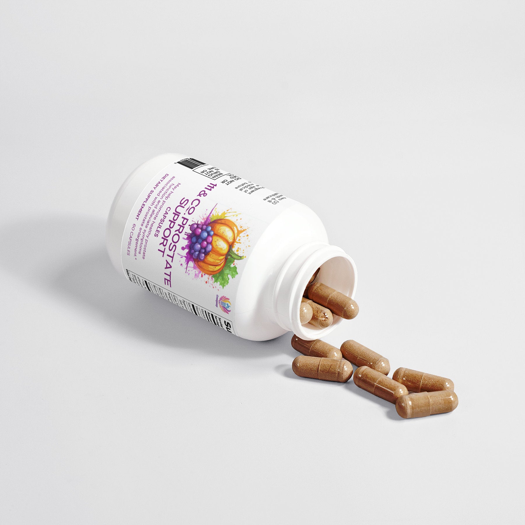 A white bottle of 111 & COMPANY PROSTATE SUPPORT lies on its side, spilling brown capsules onto a white surface. The label emphasizes mens wellness with illustrations of natural ingredients like herbs and fruits.