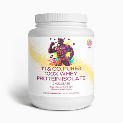A white container of 111 & COMPANY PURE3 100% Whey Protein Isolate (Chocolate) features a colorful muscular figure flexing on the label. Naturally sweetened, it supports muscle growth and repair post-exercise and contains 24.7 oz (700g).