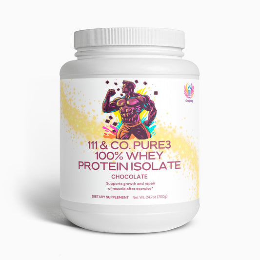 A white container of 111 & COMPANY PURE3 100% Whey Protein Isolate (Chocolate) features a colorful muscular figure flexing on the label. Naturally sweetened, it supports muscle growth and repair post-exercise and contains 24.7 oz (700g).