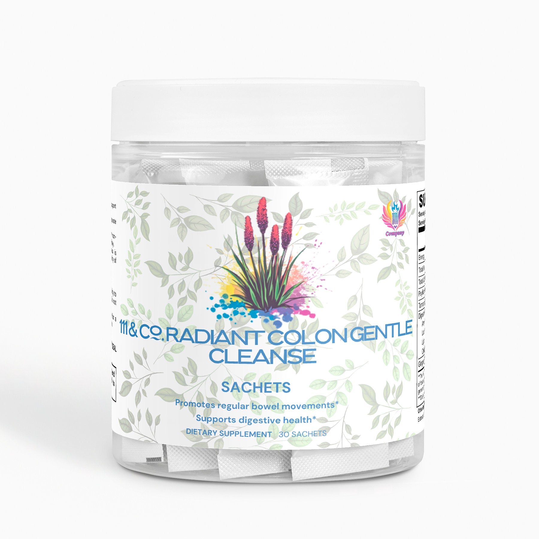 A white container labeled 111 & Co. Radiant Colon Gentle Cleanse Sachets by 111 & Company showcases vibrant plant graphics to emphasize its natural ingredients. It aids regular bowel movements and digestive health, featuring 30 sachets against a light backdrop with gentle leaf motifs.