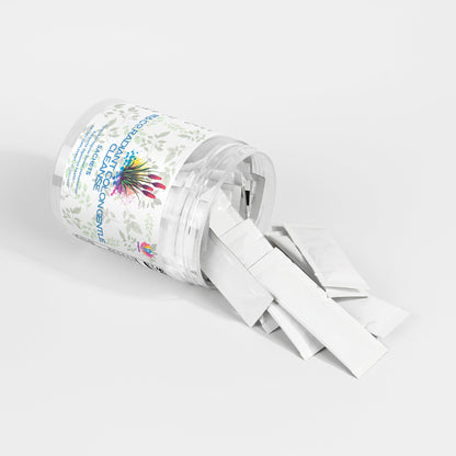 A clear plastic jar from 111 & Company  lies on its side, spilling several 111 & Co. RADIANT COLON GENTLE CLEANSE SACHETS onto a white surface. The label features herbal illustrations and text about colon health, with each silver packet showcasing an individual serving for optimal digestive wellness.