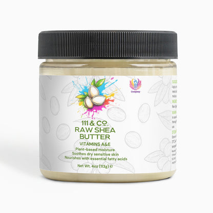 A 4 oz (113 g) jar of 111 & COMPANY RAW SHEA BUTTER by 111 & Company features a colorful shea nut illustration and offers plant-based nourishment with vitamins A and E for dry, sensitive skin.