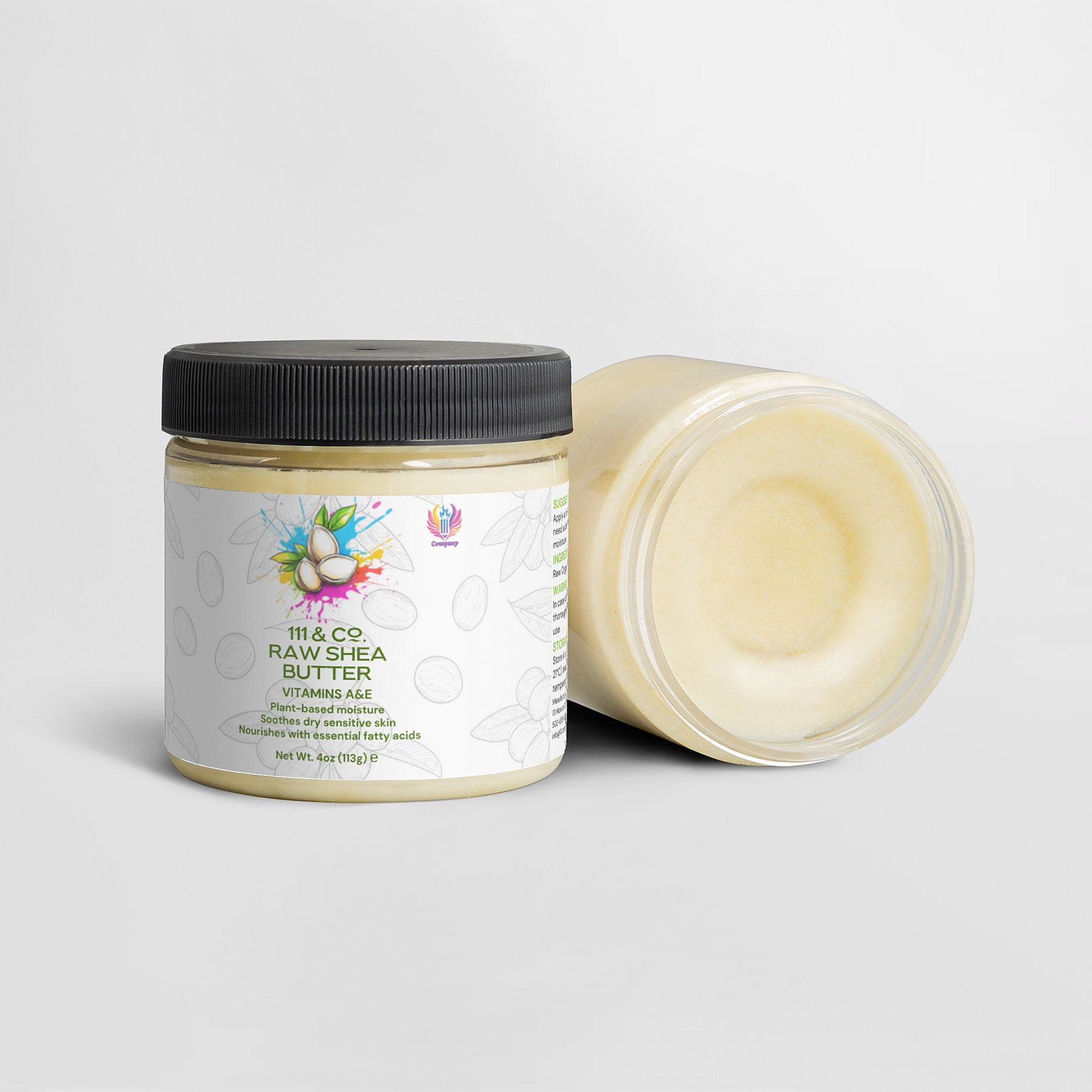 Two jars of 111 & COMPANY RAW SHEA BUTTER by 111 & Company are displayed on a light gray background. One jar stands upright with a black lid, showcasing a colorful label, while the other is on its side, displaying the creamy yellowish moisturizer inside.