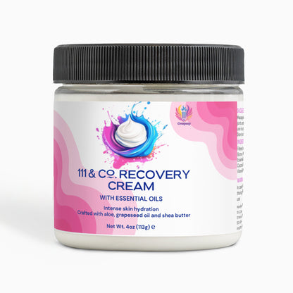 A 4oz jar of 111 & COMPANY RECOVERY CREAM from 111 & Company. The black-lidded jars label features a colorful splash with cream swirl, highlighting intense skin hydration using aloe, grapeseed oil, and shea butter—your go-to for nourishing care.