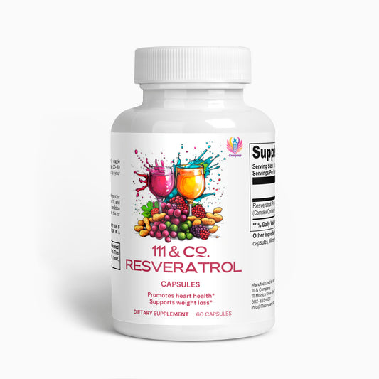 The 111 & Co. Resveratrol bottle, branded by 111 & Company, is white with fruit and vegetable illustrations. This dietary supplement offers antioxidant benefits for heart health and weight loss, includes dosage information, and contains 60 capsules of 50% resveratrol at 600 mg each.