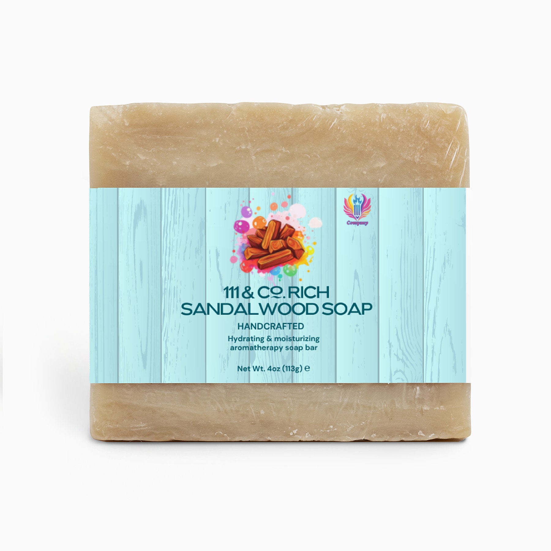 A light beige rectangular soap bar is wrapped in a decorative label with a light blue wood texture and sandalwood illustration. It reads 111 & COMPANY RICH SANDALWOOD SOAP, Handcrafted, Moisturizing Aromatherapy Soap Bar for Sensitive Skin by 111 & Company.