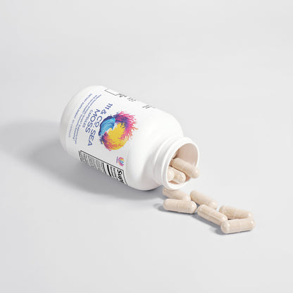 A white bottle labeled 111 & Company Sea Moss Capsules lies on a white surface, spilling beige capsules of organic bladderwrack. The label features a colorful swirl and barcode, branded by 111 & Company, with shadows from the capsules adding depth to the scene.