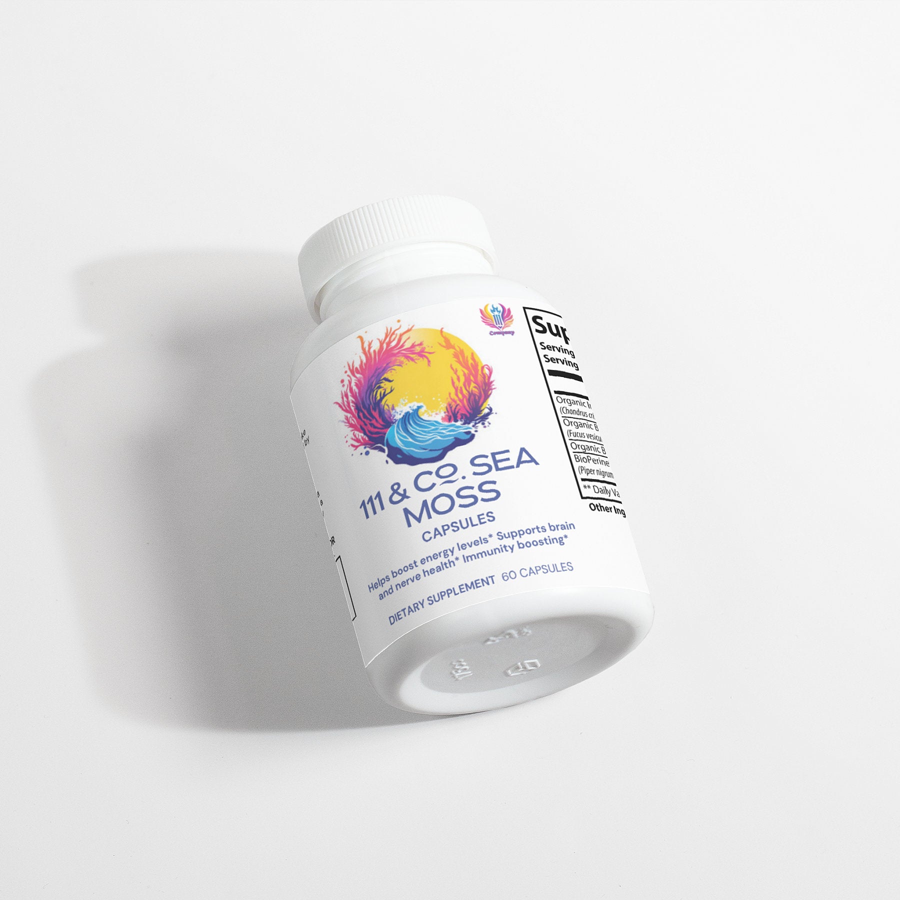 A white bottle of 111 & COMPANY SEA MOSS CAPSULES sits on a plain background. The label features colorful wave and coral designs, promoting benefits like supports brain health and boosts immunity. Enhanced with organic bladderwrack, it holds 60 dietary supplement capsules.