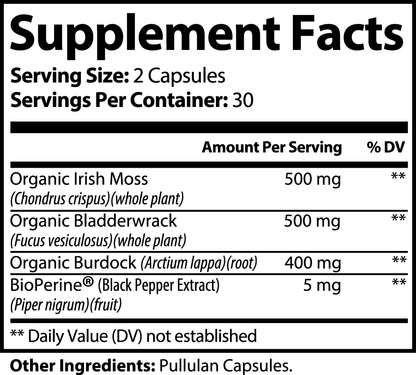 Supplement Facts label for 111 & Company Sea Moss Capsules: Serving Size: 2 Capsules, 30 Servings. Contains Organic Irish Moss 500 mg, Organic Bladderwrack 500 mg, Burdock Root 400 mg, BioPerine (Black Pepper Extract) 5 mg. Daily Values not established. Pullulan capsule included.