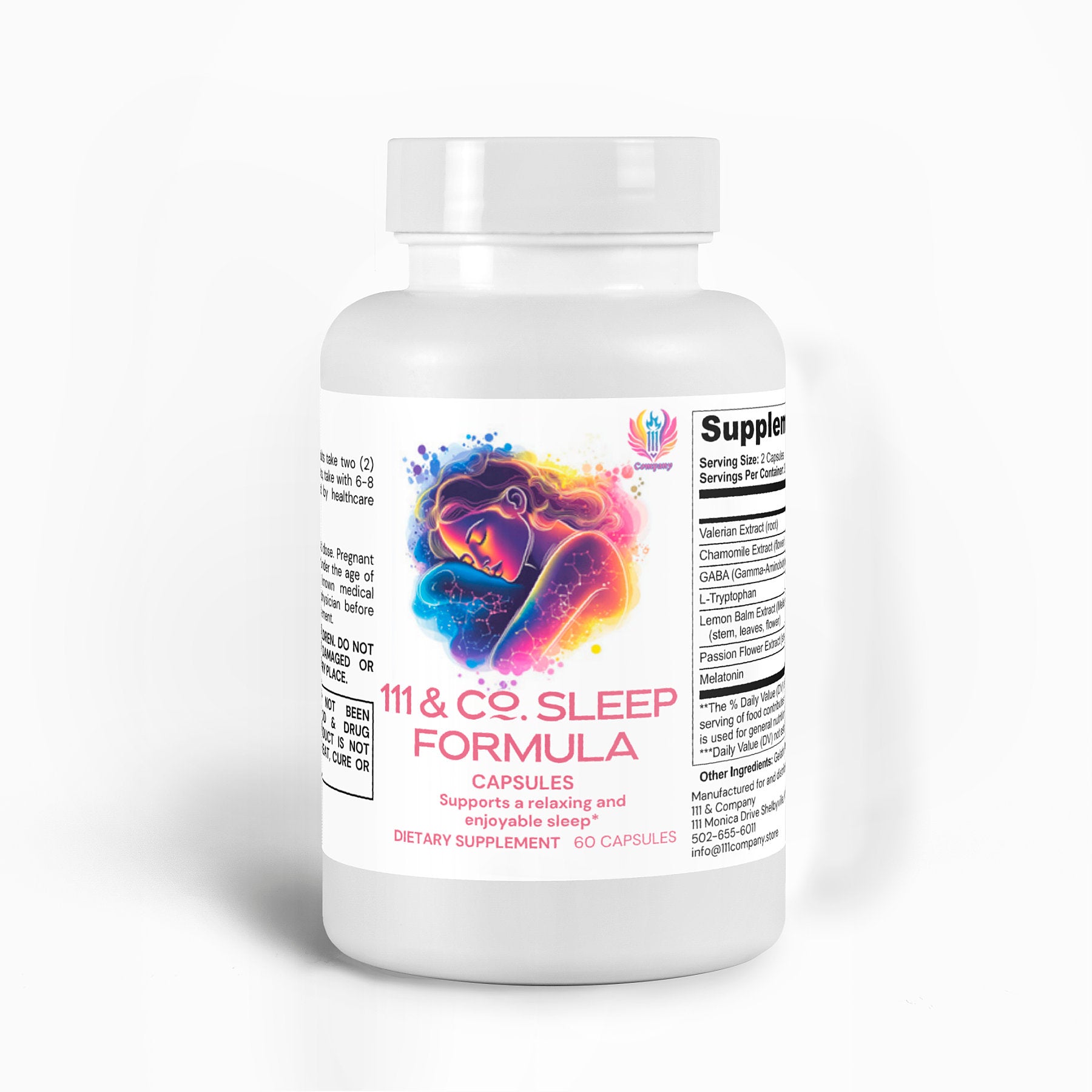 A white bottle labeled 111 & COMPANY SLEEP FORMULA CAPSULES from 111 & Company showcases a sleeping woman amidst vibrant colors. The label claims it Supports a relaxing and enjoyable sleep with Valerian Extract. The bottle has 60 capsules and includes supplement facts and instructions.