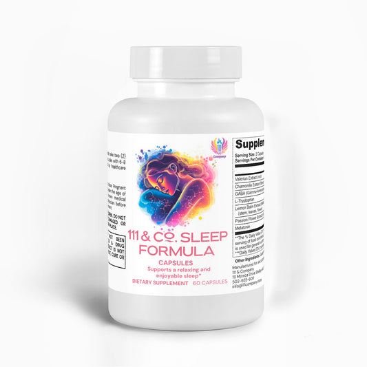 A white bottle labeled 111 & COMPANY SLEEP FORMULA CAPSULES from 111 & Company showcases a sleeping woman amidst vibrant colors. The label claims it Supports a relaxing and enjoyable sleep with Valerian Extract. The bottle has 60 capsules and includes supplement facts and instructions.