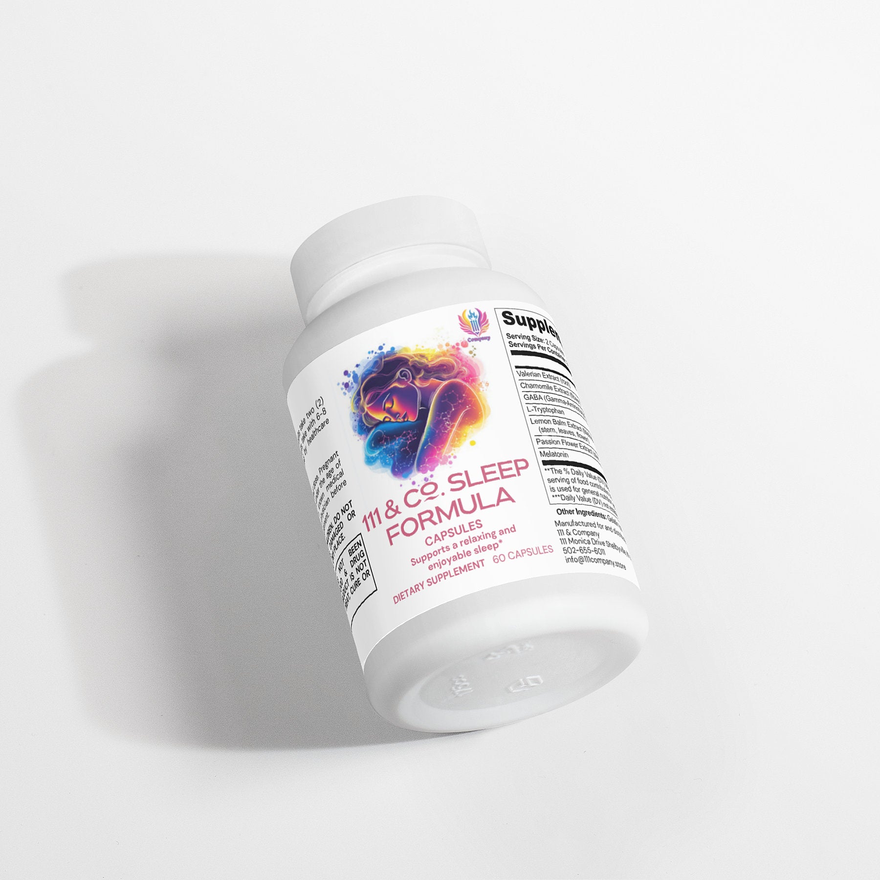 A white bottle labeled 111 & COMPANY SLEEP FORMULA CAPSULES from 111 & Company features a colorful heart and brain icon, detailing Capsules, Valerian Extract, and Dietary Supplement, 60 Capsules, casting a shadow on a light surface.
