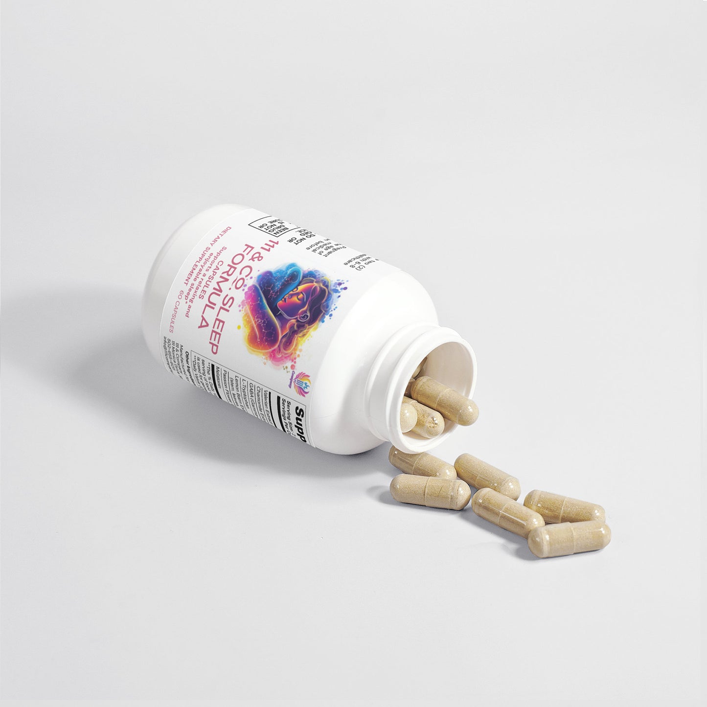 A white 111 & Company Sleep Formula Capsules bottle rests on its side, spilling beige capsules onto a light gray surface. The label features a colorful brain design and emphasizes natural sleep aids like Valerian Extract, along with supplement facts and the brand 111 & Company.