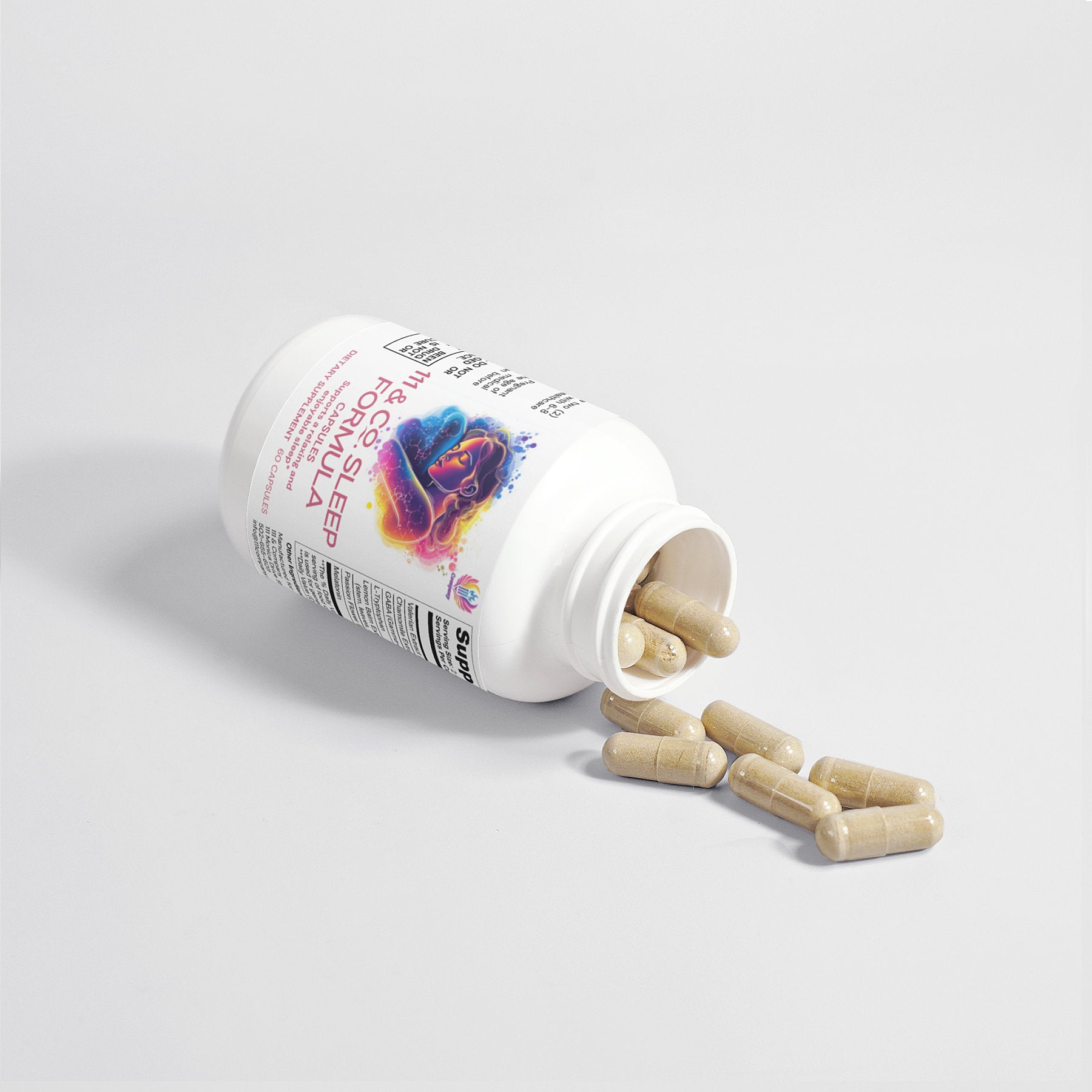 A white 111 & Company Sleep Formula Capsules bottle rests on its side, spilling beige capsules onto a light gray surface. The label features a colorful brain design and emphasizes natural sleep aids like Valerian Extract, along with supplement facts and the brand 111 & Company.