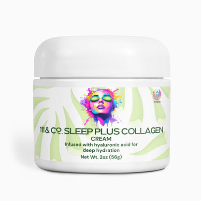 The 111 & COMPANY SLEEP PLUS COLLAGEN CREAM comes in a white 2 oz (56g) jar with a colorful, artistic face in sunglasses. Ideal for your skincare routine, it contains hyaluronic acid for deep hydration and is set against vibrant green leaf patterns.