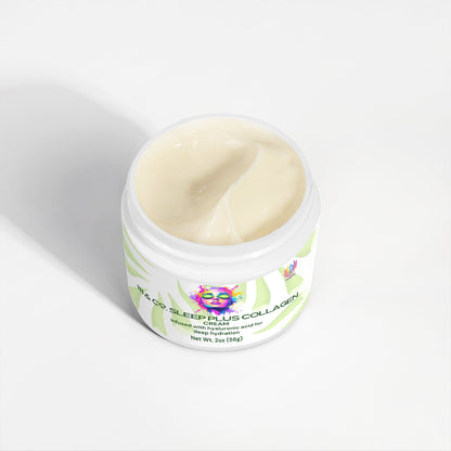 An open jar of hydrating collagen cream with a light beige color and smooth texture, labeled 111 & COMPANY SLEEP PLUS COLLAGEN CREAM. The white label features abstract green leaves, and the packaging includes colorful artwork of a face by 111 & Company—ideal for your skincare routine.