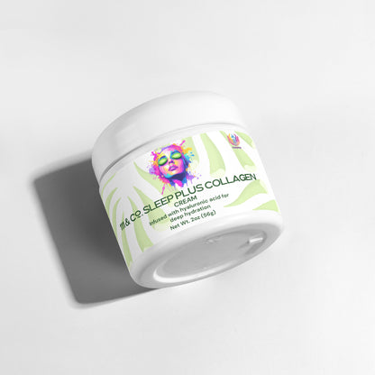The 2 oz white jar of 111 & COMPANY SLEEP PLUS COLLAGEN CREAM features a green leaf pattern and abstract face on the label. Infused with hyaluronic acid, this hydrating formula is ideal for any skincare routine, casting a soft shadow on the light gray background.