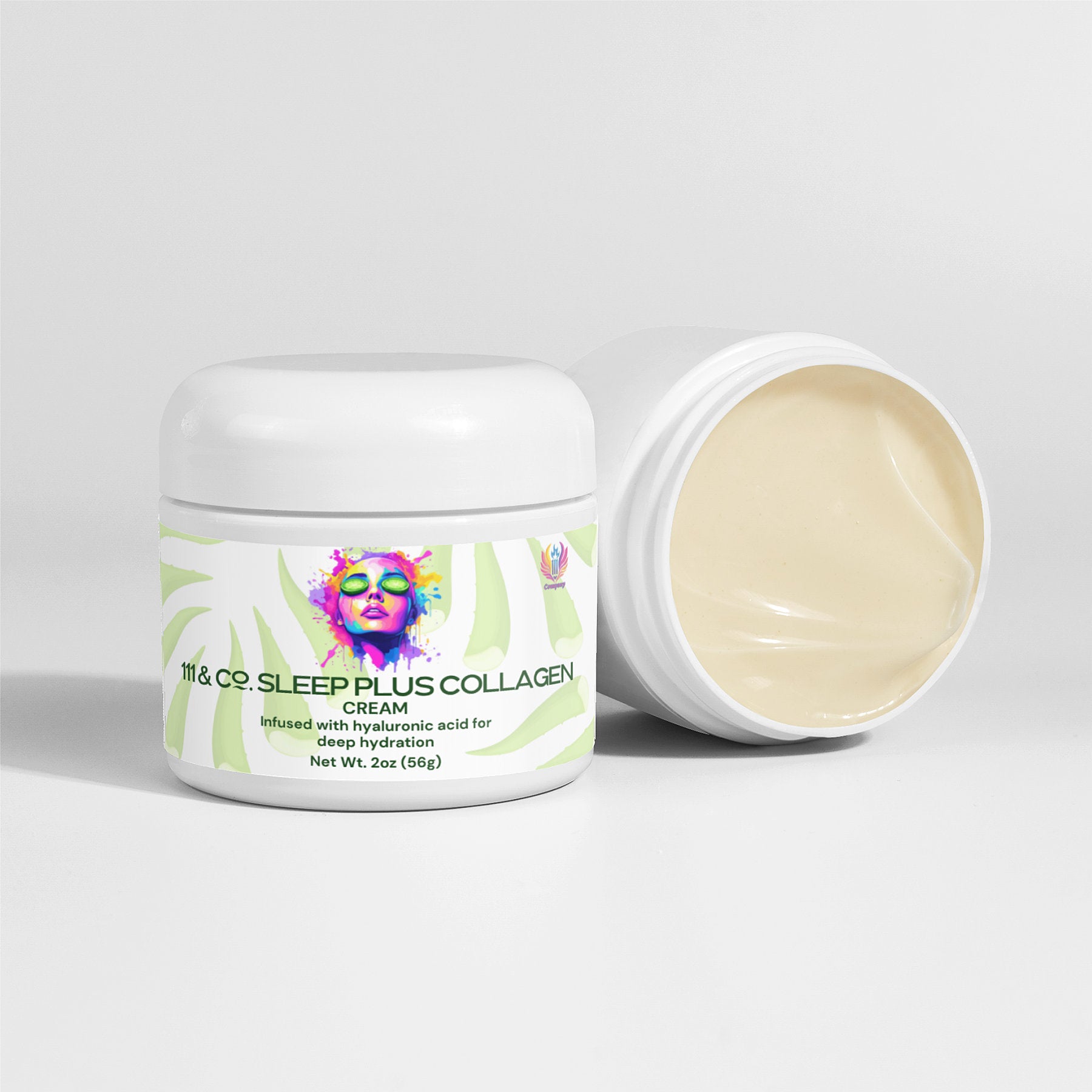 Two white jars of 111 & Company Sleep Plus Collagen Cream from 111 & Company are set against a white background. One closed jar displays a colorful logo and details on its hydrating hyaluronic acid formula, while the open jar reveals its creamy texture. Net weight: 2 oz (56g).
