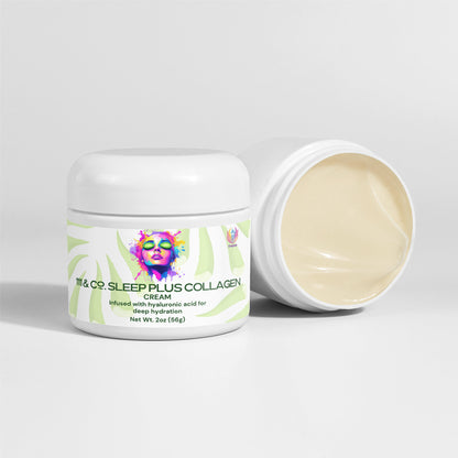 Two white jars of 111 & Company Sleep Plus Collagen Cream from 111 & Company are set against a white background. One closed jar displays a colorful logo and details on its hydrating hyaluronic acid formula, while the open jar reveals its creamy texture. Net weight: 2 oz (56g).