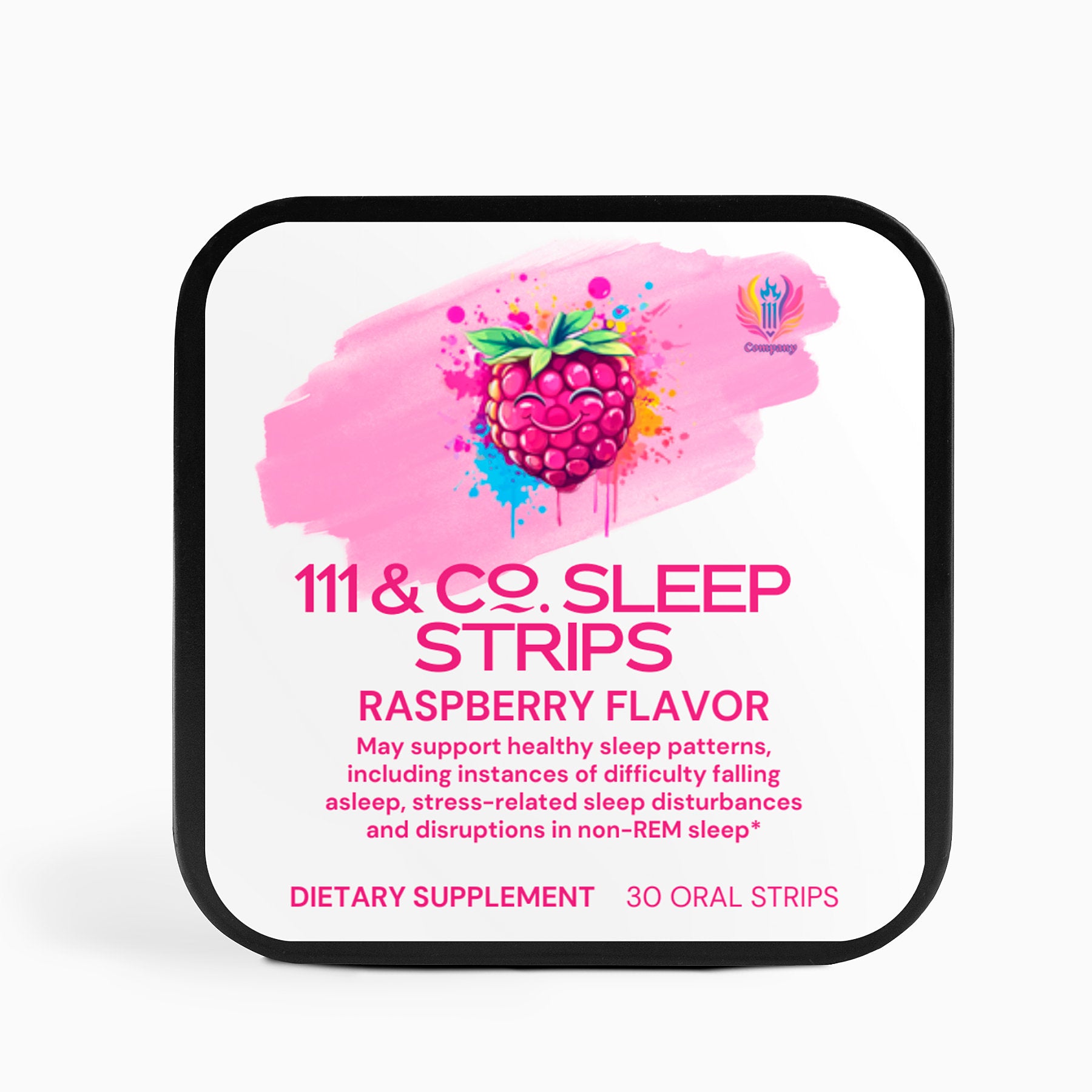 A square container of  111 & Company Sleep Strips to Go features a raspberry illustration on a pink splash. This non-addictive sleeping aid contains 30 raspberry-flavored strips and supports healthy sleep, stress-related disturbances, and non-REM sleep issues.