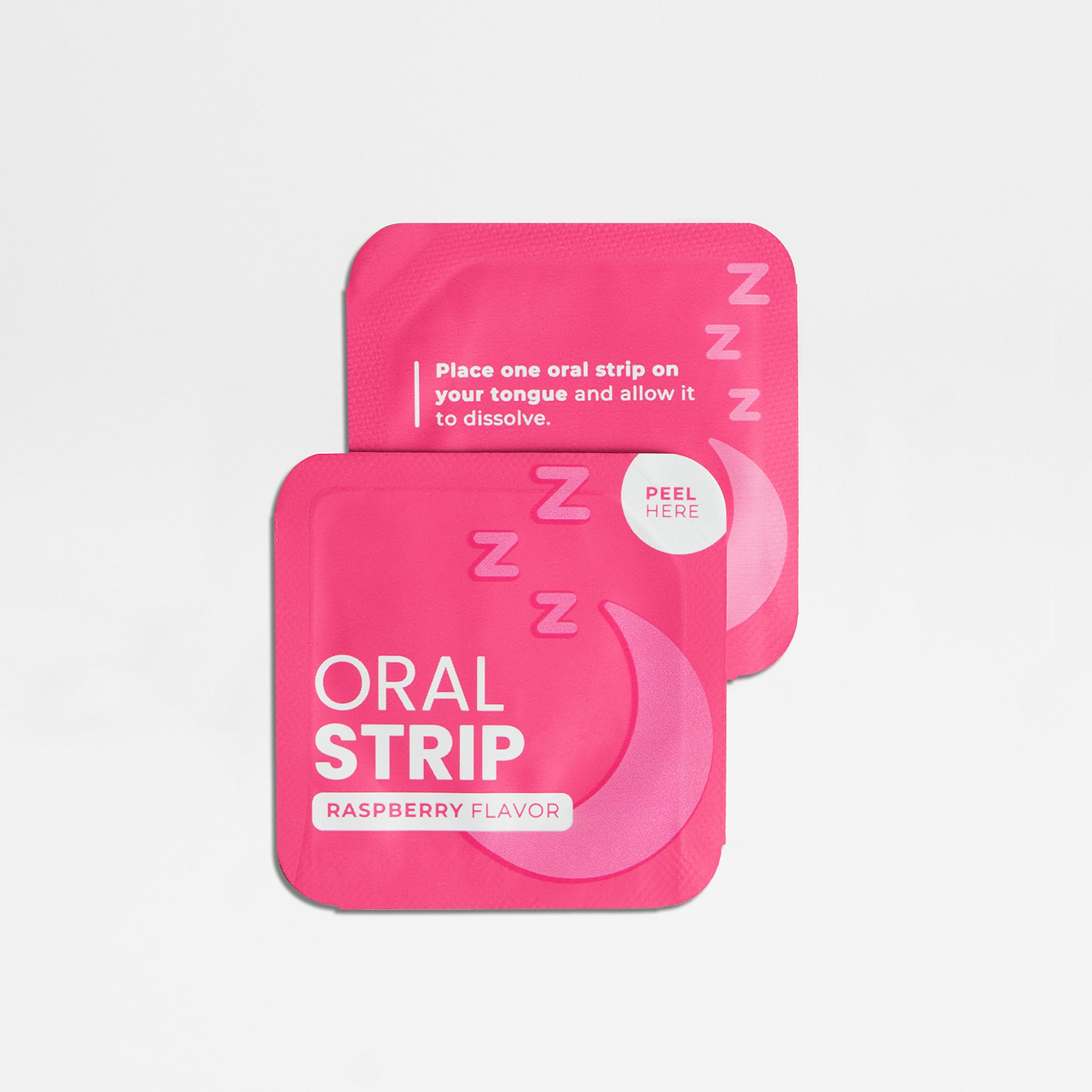 Two bright pink packets from 111 & Company, partially overlapping, display 111 & COMPANY SLEEP STRIPS TO GO with a sleep aid design featuring a crescent moon and zzz symbols. Each packet advises, Place one strip on your tongue and allow it to dissolve, with a visible Peel Here label.