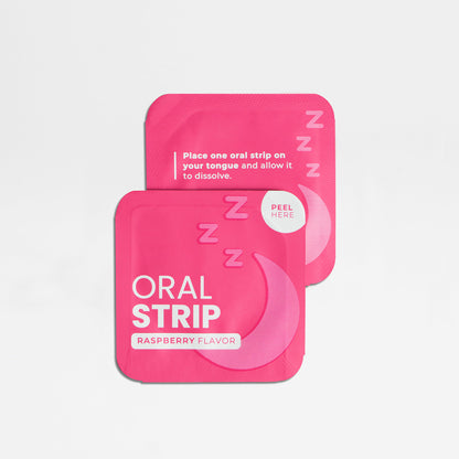 Two bright pink packets from 111 & Company, partially overlapping, display 111 & COMPANY SLEEP STRIPS TO GO with a sleep aid design featuring a crescent moon and zzz symbols. Each packet advises, Place one strip on your tongue and allow it to dissolve, with a visible Peel Here label.