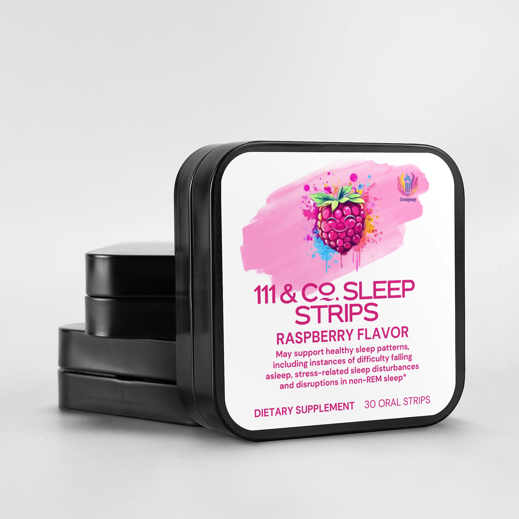 Square tin labeled 111 & COMPANY SLEEP STRIPS TO GO from 111 & Company with raspberry design. Text reads: Raspberry Flavor. May support healthy sleep patterns, addressing difficulty falling asleep, stress disruptions, and non-REM disturbances. Includes 30 non-addictive strips.