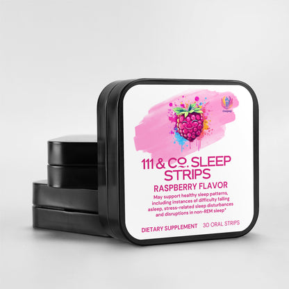Square tin labeled 111 & COMPANY SLEEP STRIPS TO GO from 111 & Company with raspberry design. Text reads: Raspberry Flavor. May support healthy sleep patterns, addressing difficulty falling asleep, stress disruptions, and non-REM disturbances. Includes 30 non-addictive strips.
