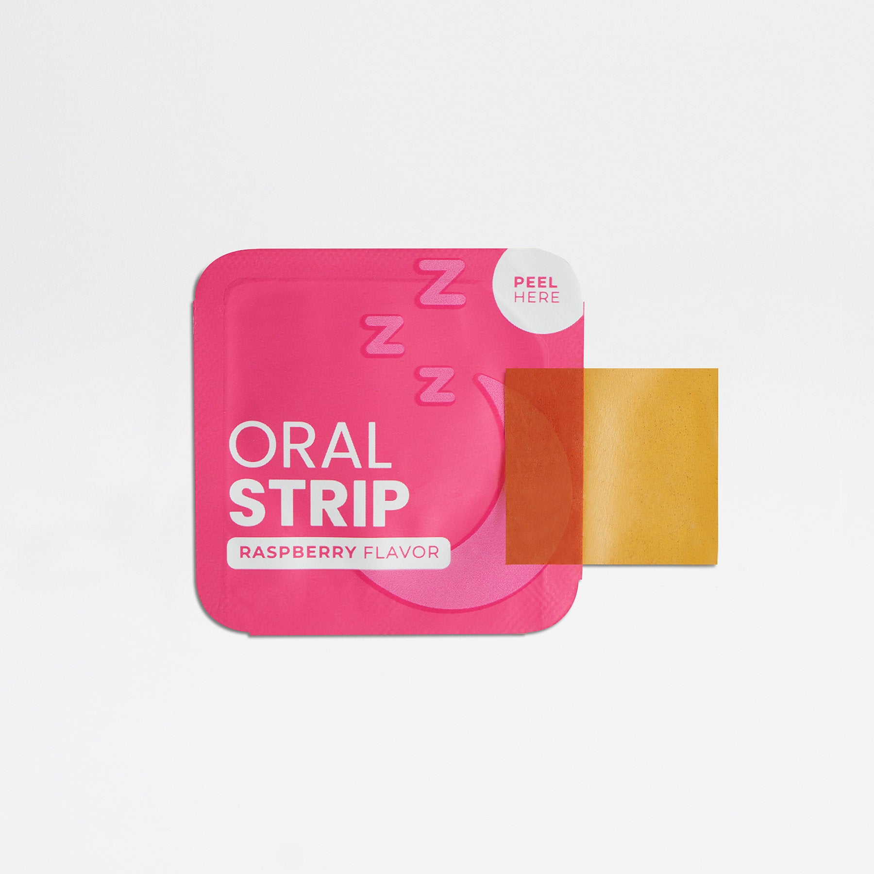 The 111 & COMPANY SLEEP STRIPS TO GO by 111 & Company features a pink packet labeled Oral Strip, Raspberry Flavor, with a corner peeled back to show an orange sleep strip. It has three Z symbols and a Peel Here instruction for this non-addictive sleeping aid enhancing sleep quality. The background is plain white.