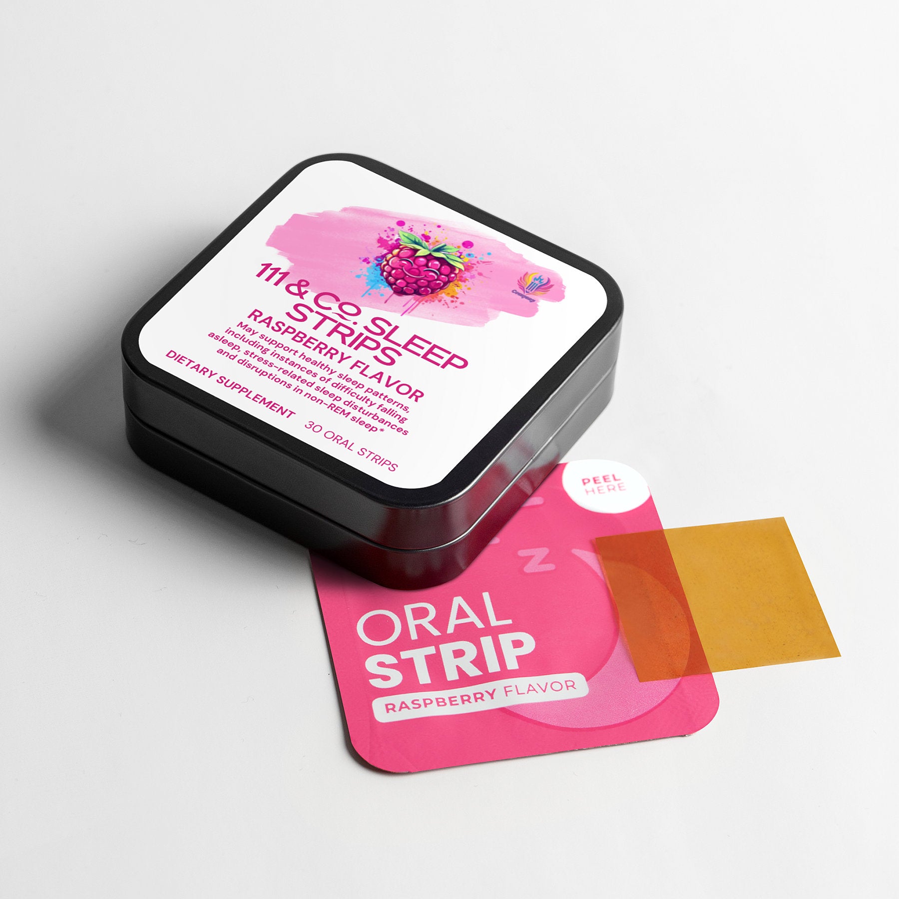 An open black tin labeled 111 & COMPANY SLEEP STRIPS TO GO from 111 & Company lies on a white surface. Next to it, a pink packet partially reveals an orange strip. This non-addictive raspberry-flavored sleeping aid promises improved sleep quality and features a Peel Here tab.
