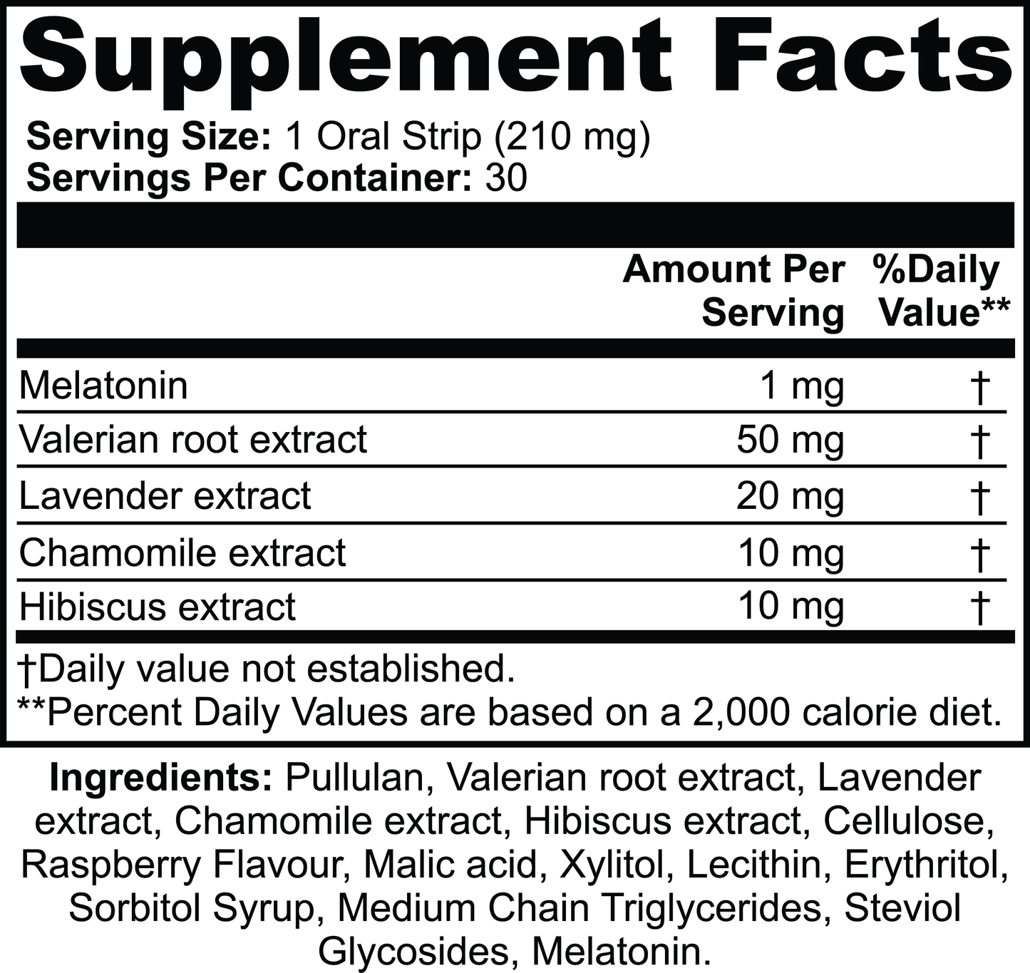 111 & Company Sleep Strips To Go is a non-addictive sleep aid oral strip with 210 mg per serving. It contains melatonin, valerian root, lavender, chamomile, and hibiscus extract, along with pullulan and sweeteners like xylitol and erythritol for natural sleep enhancement.
