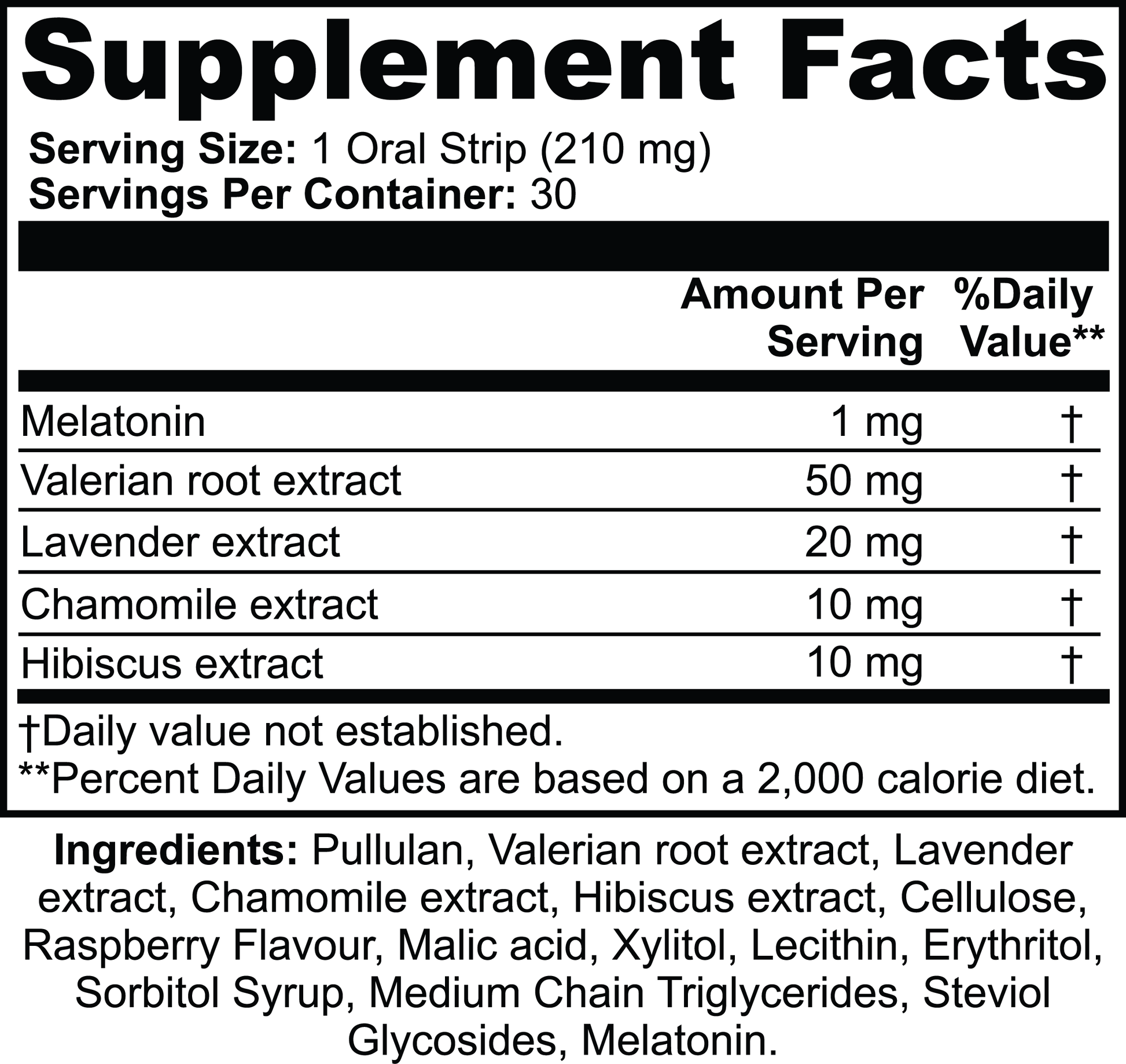 111 & Company Sleep Strips To Go is a non-addictive sleep aid oral strip with 210 mg per serving. It contains melatonin, valerian root, lavender, chamomile, and hibiscus extract, along with pullulan and sweeteners like xylitol and erythritol for natural sleep enhancement.