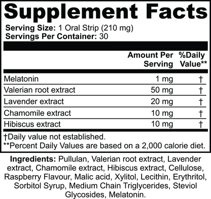 111 & Company Sleep Strips To Go is a non-addictive sleep aid oral strip with 210 mg per serving. It contains melatonin, valerian root, lavender, chamomile, and hibiscus extract, along with pullulan and sweeteners like xylitol and erythritol for natural sleep enhancement.