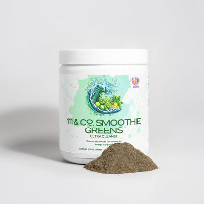 A white jar labeled 111 & COMPANY ULTRA CLEANSE SMOOTHIE GREENS by 111 & Company is shown next to green superfoods powder. The label has a green wave with broccoli and lime against a splashy background, promoting an adaptogenic dietary supplement.