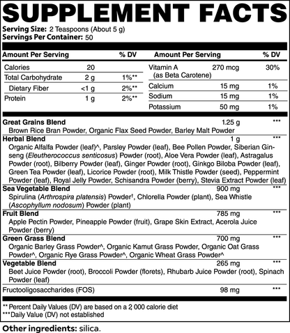 The 111 & COMPANY ULTRA CLEANSE SMOOTHIE GREENS by 111 & Company features a black and white supplement facts label with nutritional info: 20 calories, 6g carbs, 15mg sodium, 50mg potassium. Contains adaptogens like eleuthero and astragalus, chlorophyll superfoods, and sea vegetables.