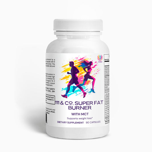 A white bottle with a colorful label displays silhouettes of a man and woman running. The text reads 111 & COMPANY SUPER FAT BURNER WITH MCT from 111 & Company, with a Supports weight loss claim, containing 90 capsules as a Dietary Supplement. Ingredients and warnings are printed on the side.