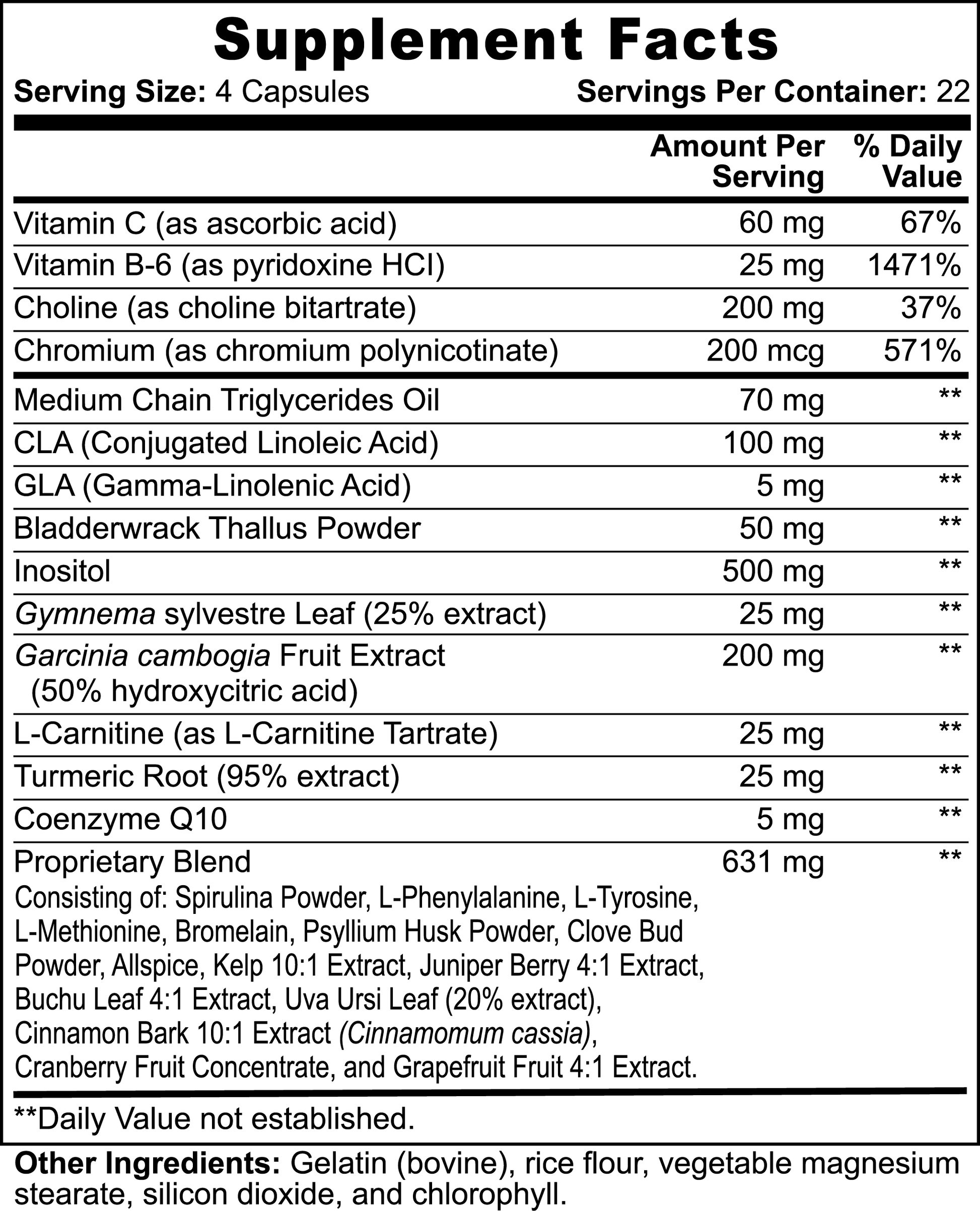 The black and white label on the 111 & COMPANY SUPER FAT BURNER WITH MCT lists the following weight loss ingredients: Vitamin C, Vitamin B-6, Choline, Chromium, Green Tea Extract, CLA, GLA, Bladderwrack, Inositol, Gymnema Sylvestre (a known fat burner), Garcinia Cambogia.