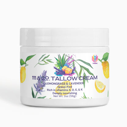 A white jar labeled 111 & Company Tallow Cream Lemongrass & Lavender shows lemongrass, lavender, butter, and lemon slice art. The label offers “Luxurious Hydration” for sensitive skin, vitamins A, D, E & K; net wt 2oz (56g).