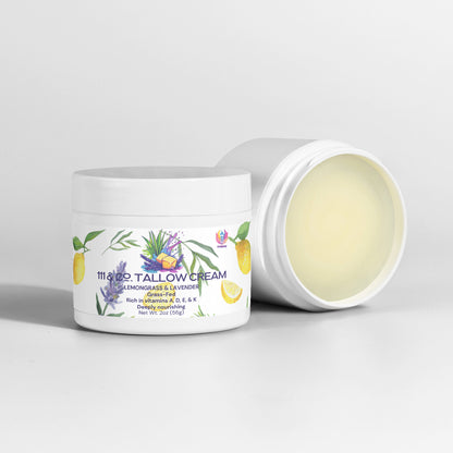 Two white jars of 111 & Company Tallow Cream Lemongrass & Lavender, one open and one closed, sit on a light background. The label displays lemongrass, lavender, and lemon illustrations, emphasizing hydration for sensitive skin.