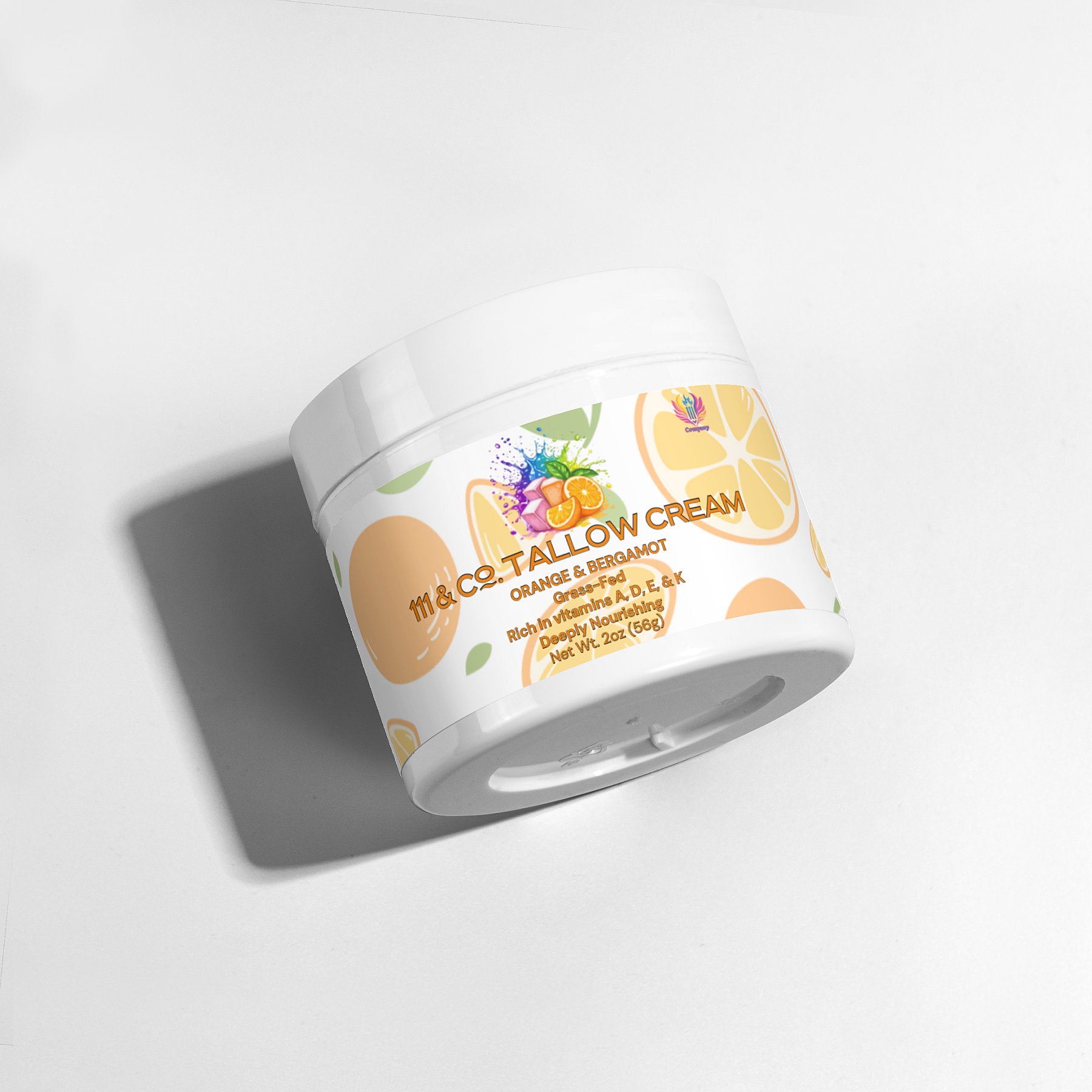 A 50g white jar of 111 & COMPANY Tallow Cream Orange & Bergamot sits on a light surface. With vibrant citrus-themed labels, it features fat-soluble vitamins A, D, E, and K for radiant skin.