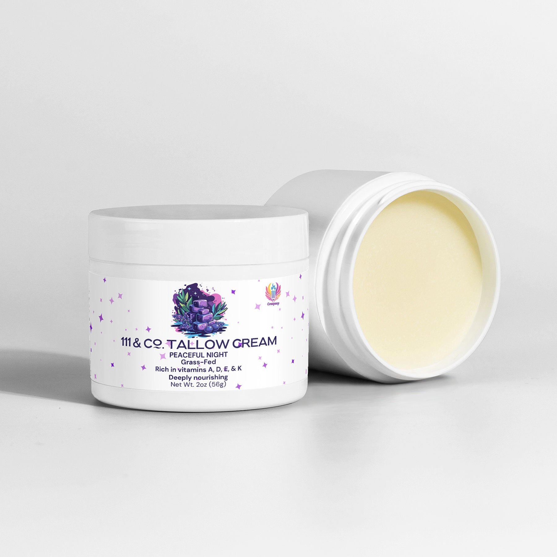 Two jars of 111 & Company Tallow Cream Peaceful Night from 111 & Company sit against a white background. The front jar displays its logo with hydration and fatty acid benefits, while the second jar is open, revealing the smooth, pale yellow cream inside.