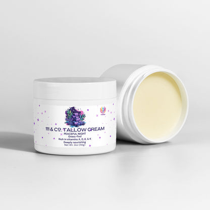Two jars of 111 & Company Tallow Cream Peaceful Night from 111 & Company sit against a white background. The front jar displays its logo with hydration and fatty acid benefits, while the second jar is open, revealing the smooth, pale yellow cream inside.