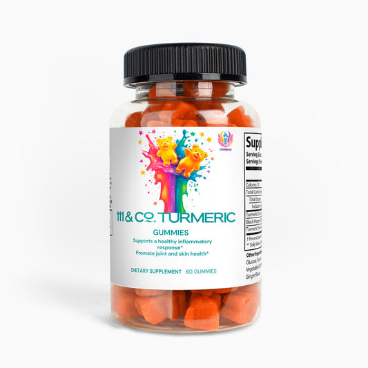 A clear bottle with a black lid contains orange bear-shaped gummies labeled 111 & Company Turmeric Gummies from 111 & Company. Each of the 60 dietary supplements offers antioxidant properties, joint health support, and anti-inflammatory benefits, featuring a vibrant cartoon bear logo.