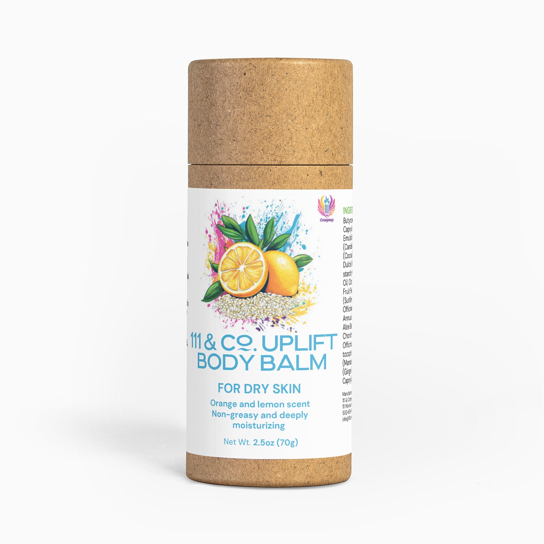A cylindrical cardboard tube marked 111 & COMPANY UPLIFT BODY BALM from 111 & Company is shown, featuring an eco-friendly design with orange and lemon images. It offers a refreshing citrus scent, non-greasy, moisturizing properties, and weighs 2.5 oz (70g).